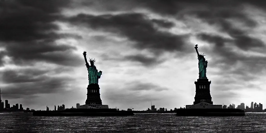 Prompt: backlight on statue of liberty in post apocalyptic backlit toronto , moody sunset and dramatic sky , oil painting by frazetta, low angle,wide angle, cinemascope panorama