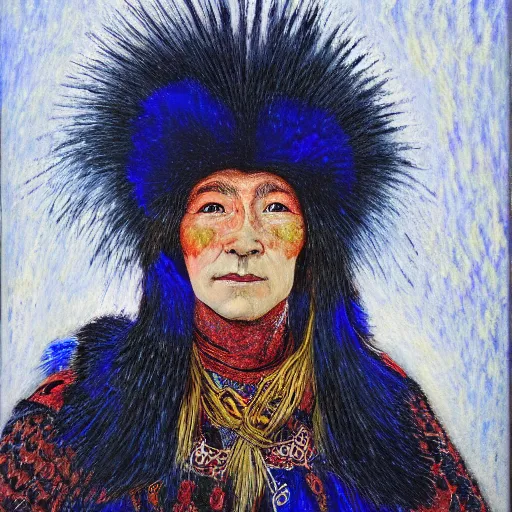 Prompt: head and shoulders portrait of a female knight, inuk, furs, tonalist, baroque, chiaroscuro, symbolist, luminous, detailed, raven, edge lighting, etching, vibrant, palette knife, girih, prussian blue and raw sienna, angular, happy