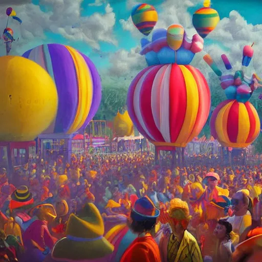 Prompt: detailed oil painting of a carnival with skinny clowns, crazy rides, and hot air balloons, trending on artstation, deep colors, hard light, octane rendered, masterpiece
