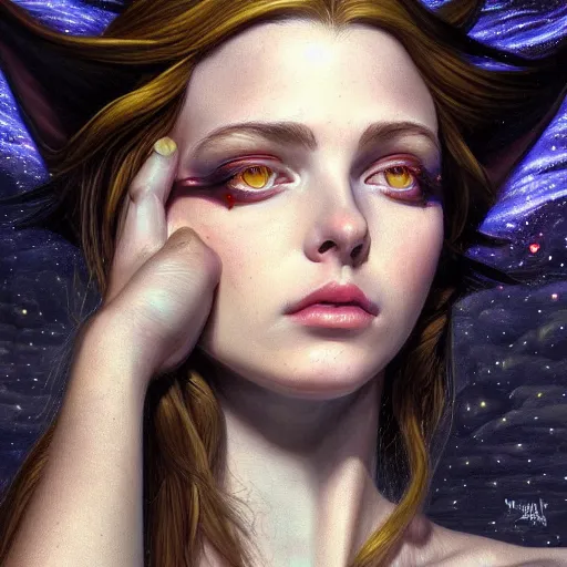 Prompt: high quality extremely detailed portrait of a young gorgeous female warlock looking away from the camera, detailed eyes, sparkle in eyes, no hands visible, fantasy, d & d, painting by lucian freud and mark brooks, hd