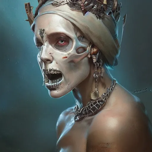 Prompt: a beautiful portrait of a skull goddess by Greg Rutkowski and Raymond Swanland, Trending on Artstation, ultra realistic digital art