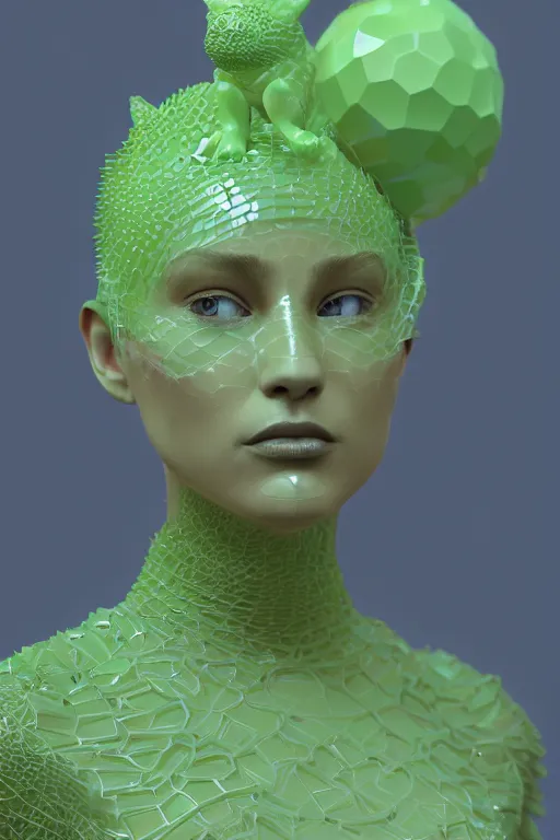 Image similar to epic 3 d sculpture of trans model, mesh headdress, 2 0 mm, with pastel yellow and pastel green bubbles bursting, voronoi, melting into bulbasaur, delicate, beautiful, intricate, houdini sidefx, artstation, by jeremy mann and ilya kuvshinov, jamie hewlett and ayami kojima