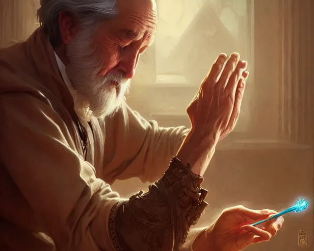 Image similar to old man clasping his hands as spell casting, deep focus, d & d, fantasy, intricate, elegant, highly detailed, digital painting, artstation, concept art, matte, sharp focus, illustration, hearthstone, art by artgerm and greg rutkowski and alphonse mucha