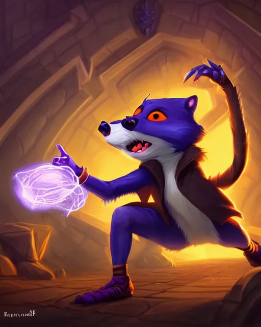 Image similar to 3 d model, highly detailed digital illustration portrait of hooded sorcerer sly cooper raccoon casting a magical glowing spell in a castle, action pose, d & d, magic the gathering, by rhads, lois van baarle, jean - baptiste monge,