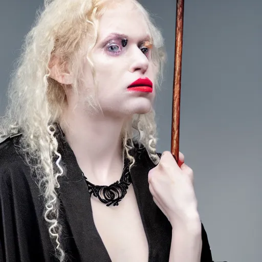 Image similar to a blonde woman in a black robe throwing up, a beautiful english woman with a long face narrow nose pale skin blue eyes red lips and wild messy tangles of curly white blonde hair, high resolution film still wearing a black robe and skull necklace and holding a spear, sandy, a journey to the west