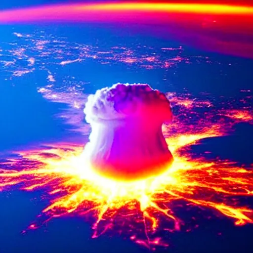 Image similar to nuclear explosion from space, neon lights, fire