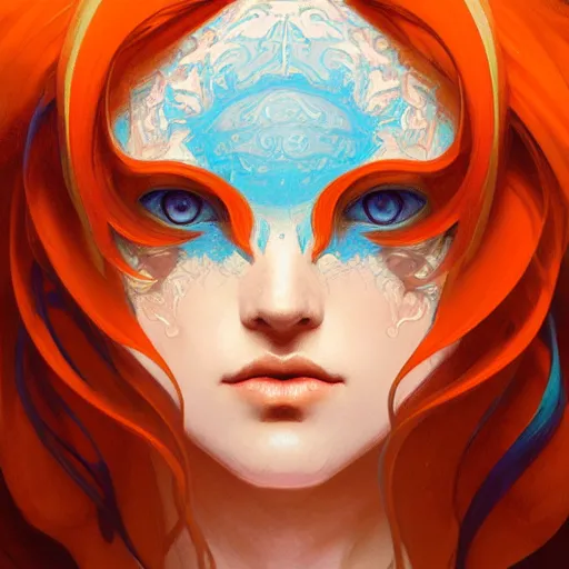 Image similar to swirls orange,cerulean,white gouache and a daub of midnight pain, intricate, highly detailed, digital painting, artstation, concept art, smooth, sharp focus, illustration, Unreal Engine 5, 8K, art by artgerm and greg rutkowski and alphonse mucha