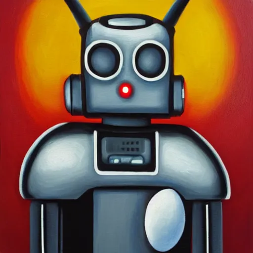 Prompt: portrait of a robot, eggs on canvas