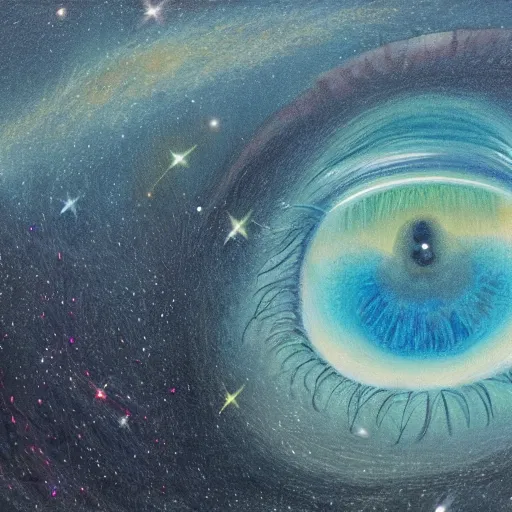 Image similar to a highly detailed photorealistic painting of a human eye reflecting the milky way galaxy