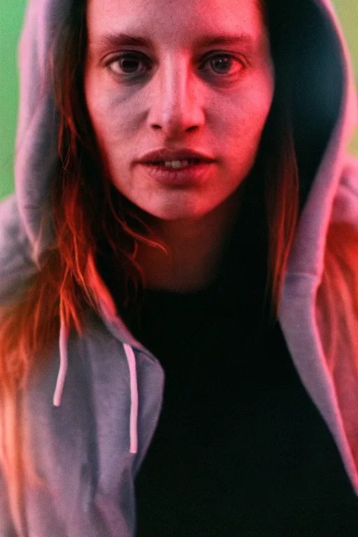 Image similar to A realistic and detailed portrait photography of a woman wearing black hoodie. by Annie Leibovitz. Neo noir style. Cinematic. Rainbow neon lights and glow in the background. Cinestill 800T film. Lens flare. Helios 44m. Ultra detail. Photoreal. Depth of field.