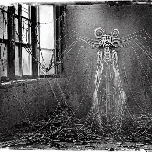 Image similar to 1860 photo of an ancient fractal spider-woman-demon on an abandoned factory on the middle of a forest, spooky , spider webs, devouring the human soul, veins, arteries, intricate, golden ratio, full frame, microscopic, elegant, highly detailed, ornate, ornament, sculpture, elegant , luxury, beautifully lit, ray trace, 3d, PBR