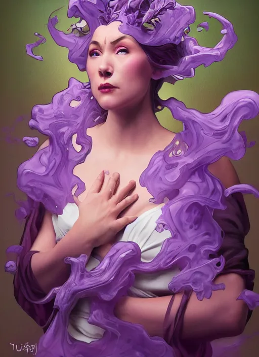 Image similar to madam mim, ugly! purple smoke aura in motion, floating pieces, painted art by tsuyoshi nagano, greg rutkowski, artgerm, alphonse mucha, spike painting