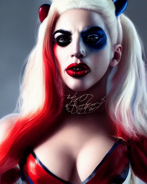 Image similar to 5 5 mm portrait photo of lady gaga as harley quinn. beautiful. magical atmosphere. art by artgerm and greg rutkowski. highly detailed 8 k. intricate. lifelike. soft light. nikon d 8 5 0.