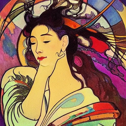 Prompt: The Goddess of Art, paint, ink, palettes, spectrum, in the style of Octavia Ocampo, Mucha, Kandinsky