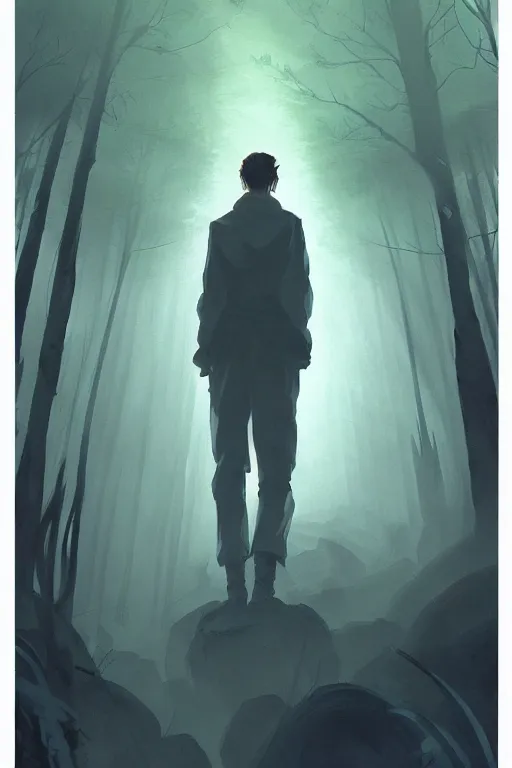 Image similar to concept art painting of a guy with huge white wings standing in a dark forest, moody vibe, moody lighting, sunbeams, artgerm, moebius, inio asano, toon shading, cel shading, calm, tranquil, vaporwave colors,