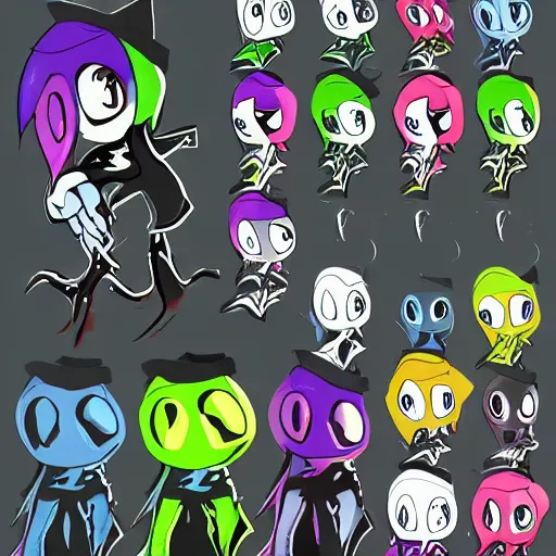 Image similar to character sheets for a new sinister shadowy vampire squid character, artwork in the style of splatoon from nintendo, art by tim schafer from double fine studios, edgy original character color palette from the early two thousands, black light, neon, spray paint, punk outfit, tall thin frame, adult character, fully clothed, vampire, colorful, pop art, official art