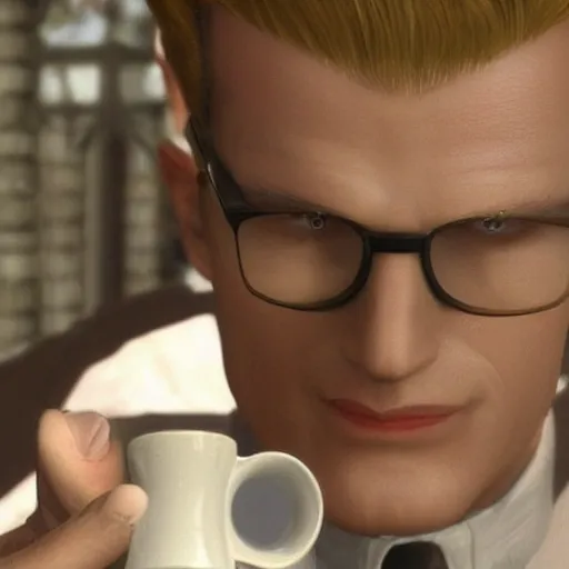 Image similar to albert wesker holding a small steaming china cup of tea, romanticism style, detailed facial proportions