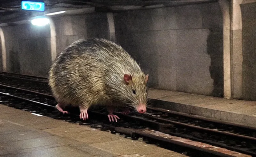 Image similar to very large giant mutant antropomorphic rat staying on railways in tonnel of moscow subway. extreme high detail. low light, scary atmosphere, darkness