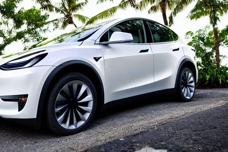 Image similar to Tesla model y on the road in a beautiful lush tropical city