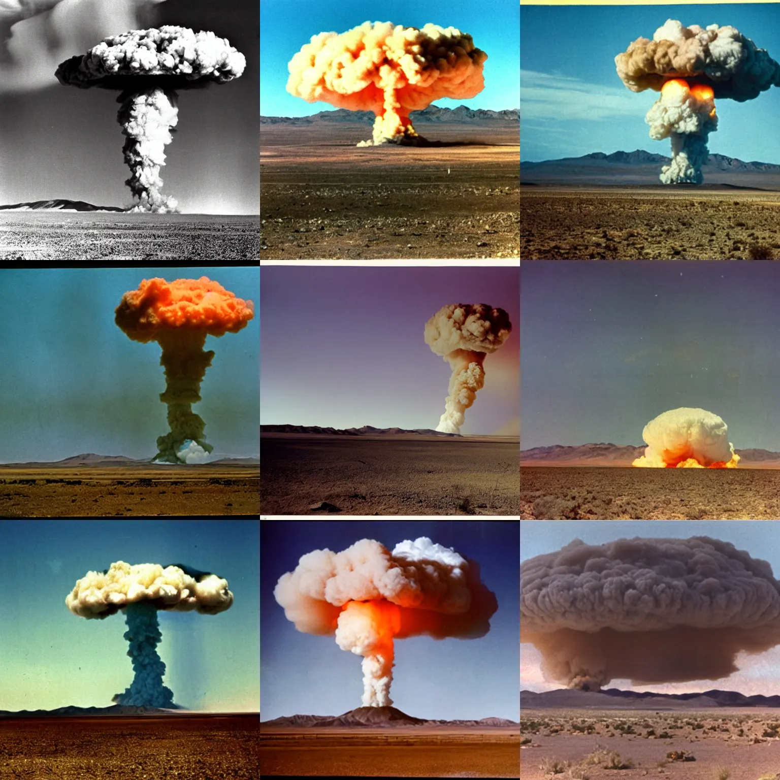 Prompt: color photograph of distant mushroom cloud nuclear test in nevada desert 1954