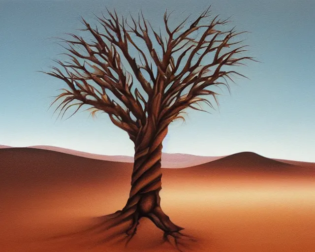 Image similar to a painting of a tree in the desert, an airbrush painting by breyten breytenbach, detailed sand pattern, cgsociety, neo - primitivism, airbrush art, dystopian art, apocalypse landscape