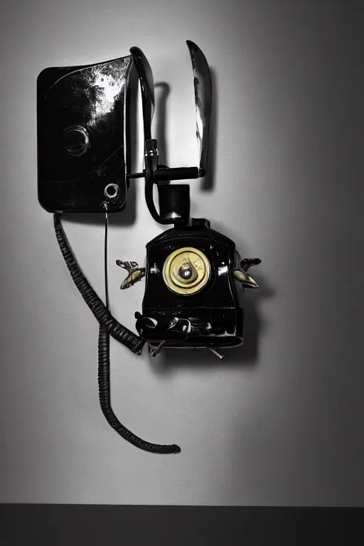 Image similar to commercial product photography advertisement for Salvador Dali’s Lobster Telephone, a black Rotary telephone with a painted plaster lobster for a handle, Rear lighting, commercial studio lighting