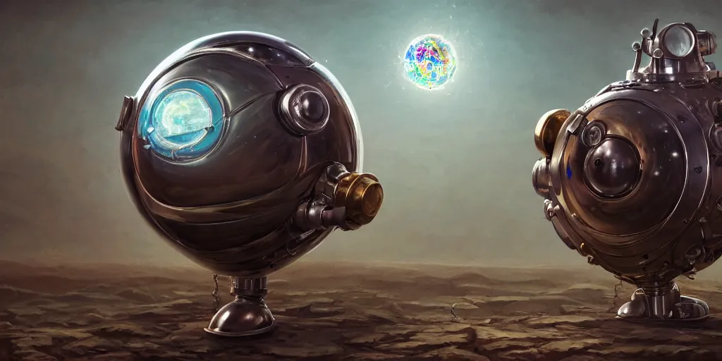 Image similar to tarnished chrome drilling robot with a sphere for a head, matte oil painting, retrofuturistic, colorful, concept art, science fantasy, mutant, lgbt, rpg, epic, rusted, salt, jungles, dungeons & dragons, sharp focus, award - winning, extremely detailed, 4 k, 8 k