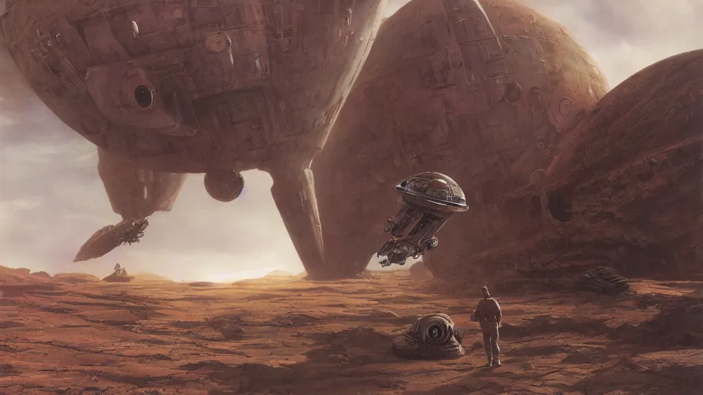 Image similar to organic dropship lander by john schoenherr and jim burns, epic cinematic matte painting