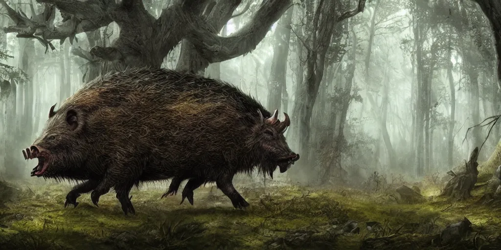 Image similar to giant monstrous wild boar with red eyes and many tusks, in dark woods, dim colors, forest, highly detailed illustration, masterpiece, fantasy, magical, hyperdetailed, realistic, witch fairytale, 4 k, 8 k, highly detailed matte painting, dungeons and dragons