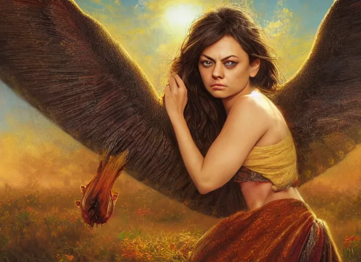 Prompt: big-eyed surprised Mila Kunis staring intensely into the camera, sundown golden hour firefly wisps, Lilia Alvarado, Sophie Anderson, Mark Arian, Bob Byerley, Charlie Bowater, Mark Brooks, Steve Henderson, Justin Gerard, Arthur Hughes, Edward Robert Hughes, Mark Keathley, Victor Nizovtsev, Carlos Shwabe, Ross Tran, WLOP