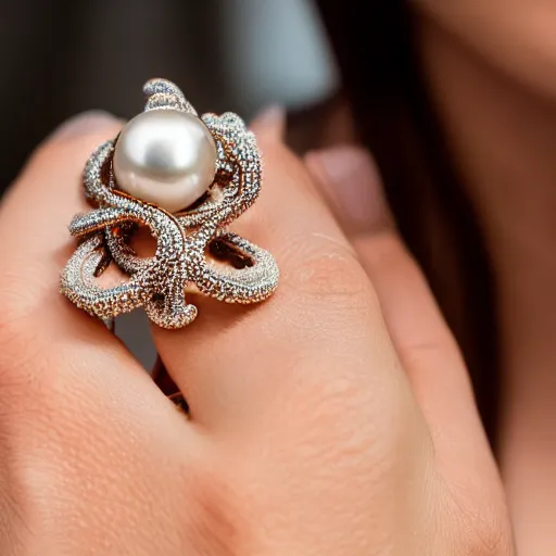 Image similar to hd photo of a diamond futuristic ring with tentacles and pearls by cartier, denoise, deblur