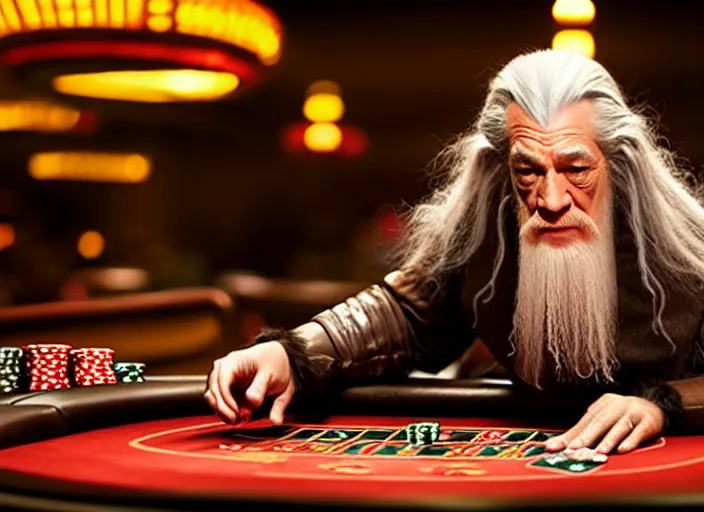 Prompt: film still of gandalf gambling in a casino in new star wars movie, 8 k