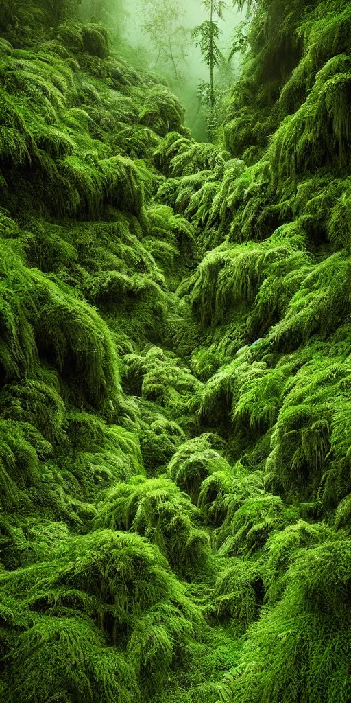 Prompt: a hyper realistic photograph fertile, lush mossy canyon, ferns, minimalist structure, misty, raining, in the style of reuben wu, roger deakins