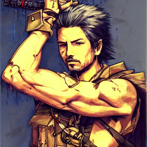 Prompt: portrait of a hero holding his sword in front of his face by yoji shinkawa, high quality, extra details, realism, ornate, colored, golden chain, blood, white skin, short hair, brown eyes, vivid, sunlight, dynamic, american man, freedom, white american soldier, spray paint