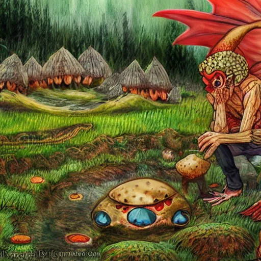 Image similar to Scary godlike fairy killing a frog ,detailed mushroom village in the background , Taras Shevchenko style, post-processing, fantasy , masterpiece , junji ito, painting , psychedelic colored