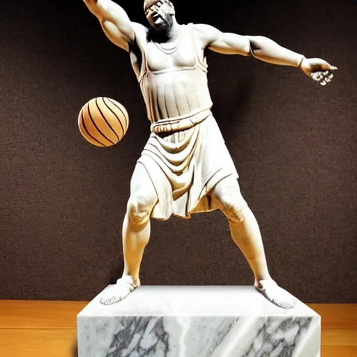 Prompt: ancient greek ancient statue marble sculpture of shaquille o'neal, full body, playing basketball, highly detailed