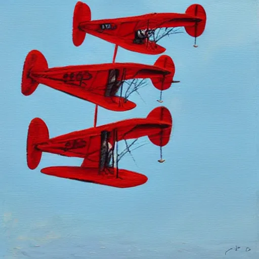 Image similar to 3 toy fox terriers flying a biplane, wearing red scarves flapping in wind, dramatic oil painting, aperture gradient