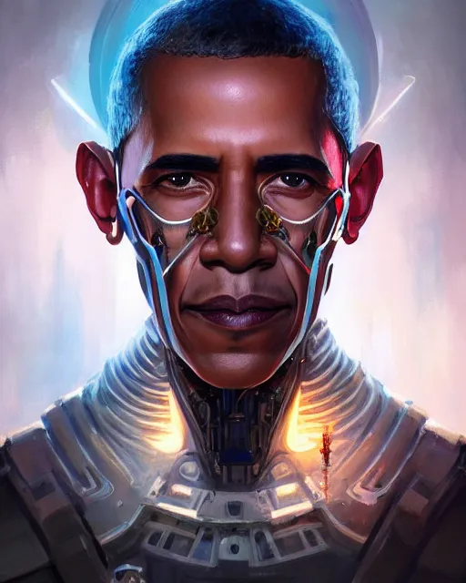 Image similar to portrait of holy cyborg barack obama, fantasy, intricate, elegant, highly detailed, digital painting, artstation, concept art, smooth, sharp focus, illustration, by artgerm and greg rutkowski