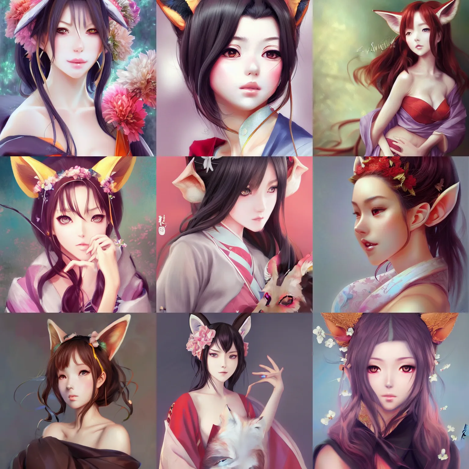 Prompt: A beautiful realistic anime portrait of a beautiful, shapely woman with fox ears wearing a kimono, digital painting, by Stanley Artgerm Lau, WLOP, Rossdraws, LeraPi, and Sakimichan, trending on ArtStation, deviantart, SFW version