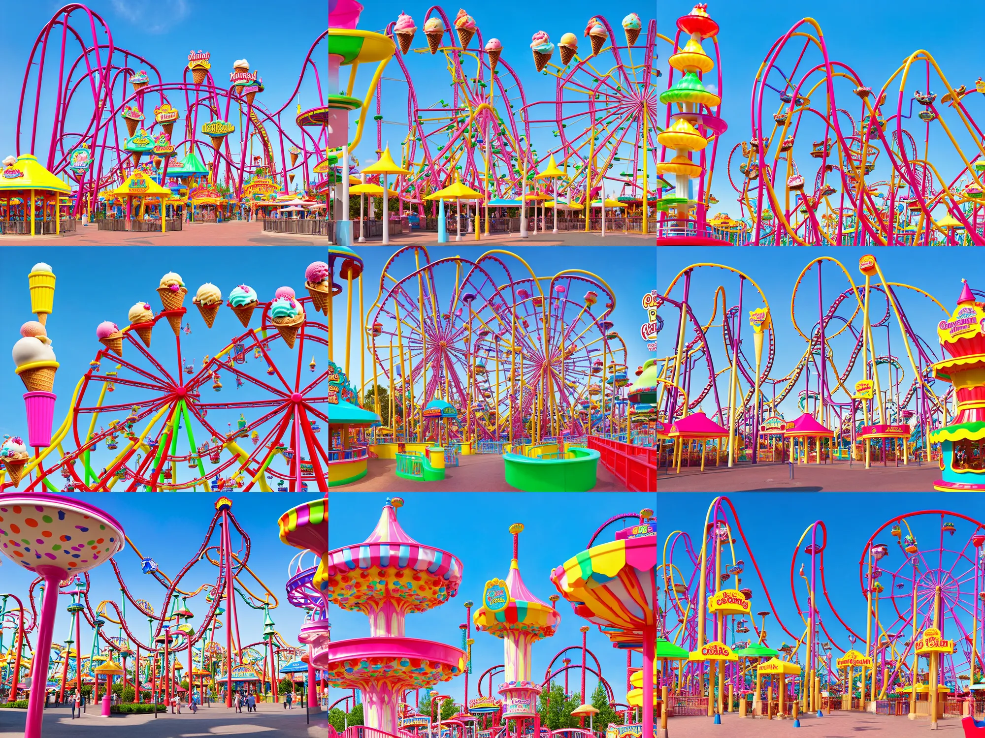 Prompt: an amusement park with an ice cream themed decoration style. a high definition photograph