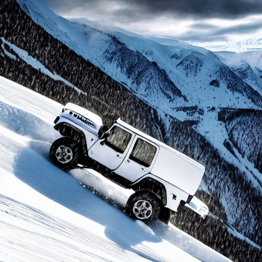 Image similar to white jeep wrangler driving up steep snowy mountain ridge on edge of a cornice, high quality digital art, dramatic lighting, cinematic, photo realism