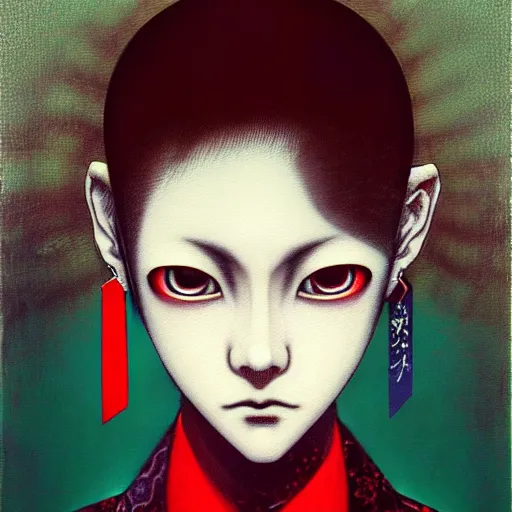 Image similar to yoshitaka amano blurred and dreamy realistic three quarter angle horror portrait of a sinister young woman with short hair, big earrings and red eyes wearing office suit with tie, junji ito abstract patterns in the background, satoshi kon anime, noisy film grain effect, highly detailed, renaissance oil painting, weird portrait angle, blurred lost edges