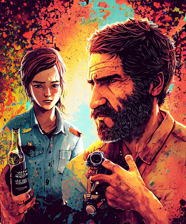 Prompt: delirium portrait of joel miller from the last of us, by petros afshar, ross tran, peter mohrbacher, tom whalen, shattered glass, bubbly scenery, radiant light