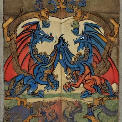 Image similar to two dragons in a castle fighting knights in the middle ages