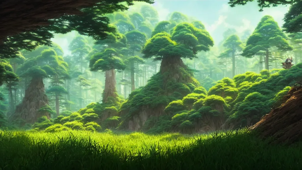 Image similar to forest clearing landscape, studio ghibli, pixar and disney animation, sharp, rendered in unreal engine 5, highly detailed, digital painting, artstation, concept art, smooth, sharp focus, illustration, wide angle, artbook, wallpaper, splash art, promo art, dramatic lighting, art by artgerm and greg rutkowski and bo chen and jin xiaodi