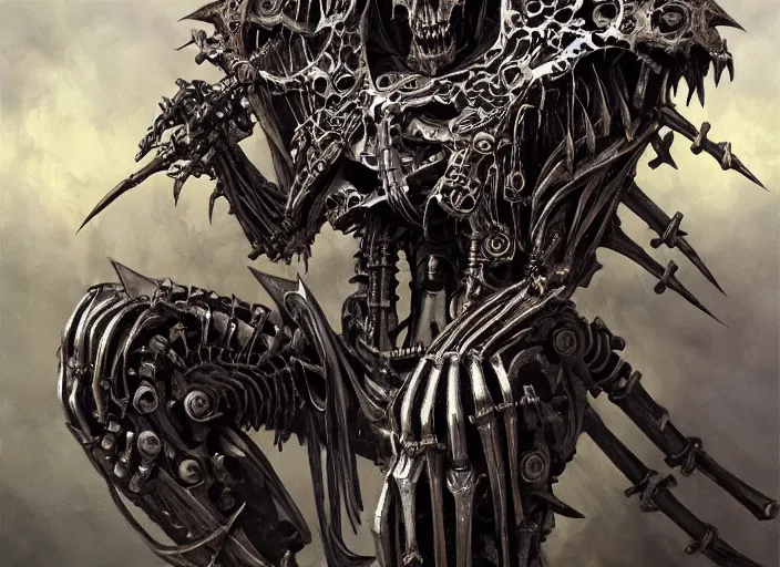 Prompt: an intricate skeletal mechanical evil warrior, highly detailed 4 k painting, dramatic cold light, style of gerald brom