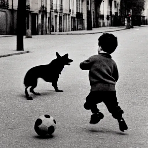 Image similar to a french boy on the streets of paris playing football against a corgi, the dog is wearing a polka dot scarf, book illustration, 1 9 6 6