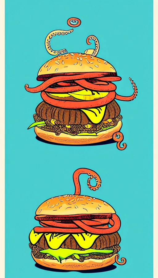 Image similar to illustration of a an octopus inside a cheeseburger, highly detailed, 8 k, vintage, screen print, trending on artstation