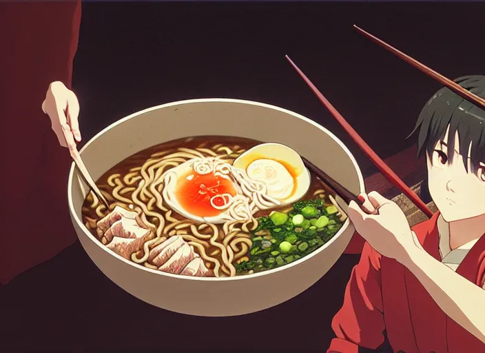 Image similar to a film still portrait of a bowl with ramen, finely detailed features, closeup at the food, perfect art, at a dinner table, gapmoe yandere grimdark, trending on pixiv fanbox, painted by greg rutkowski makoto shinkai takashi takeuchi studio ghibli, akihiko yoshida