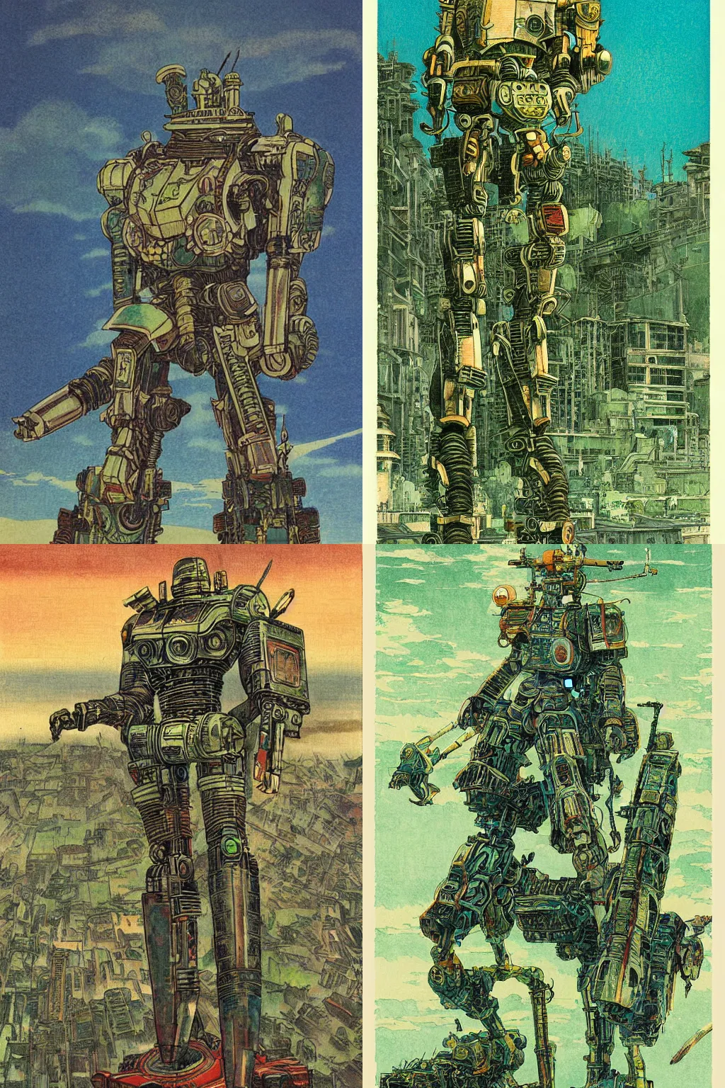 Prompt: vintage anime supermassive cinematic robot warrior by andrew henderson in post apocalyptic lush city, by william herbert dunton watercolor strokes, #green, #floral, japanese woodblock, glorious illustrations by Jean Giraud